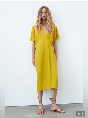 Yellow Zara V-Neck Midi Dress